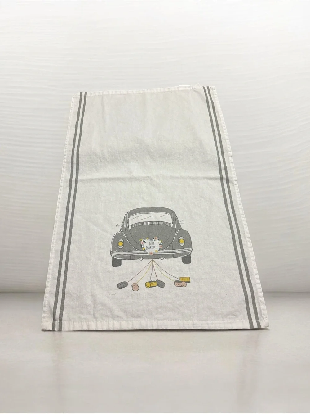 Vintage Just Married Tea Towel - Gray and Cream with Yellow Accents